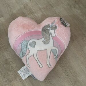 Cloud Castle pale pink furry heart pillow unicorn embroidered silver rainbow NWT